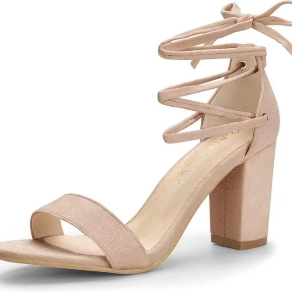 Allegra K Tie Up Strappy Heels Chunky Heel Nude Heels Size 8 Single Fron… - Picture 1 of 7